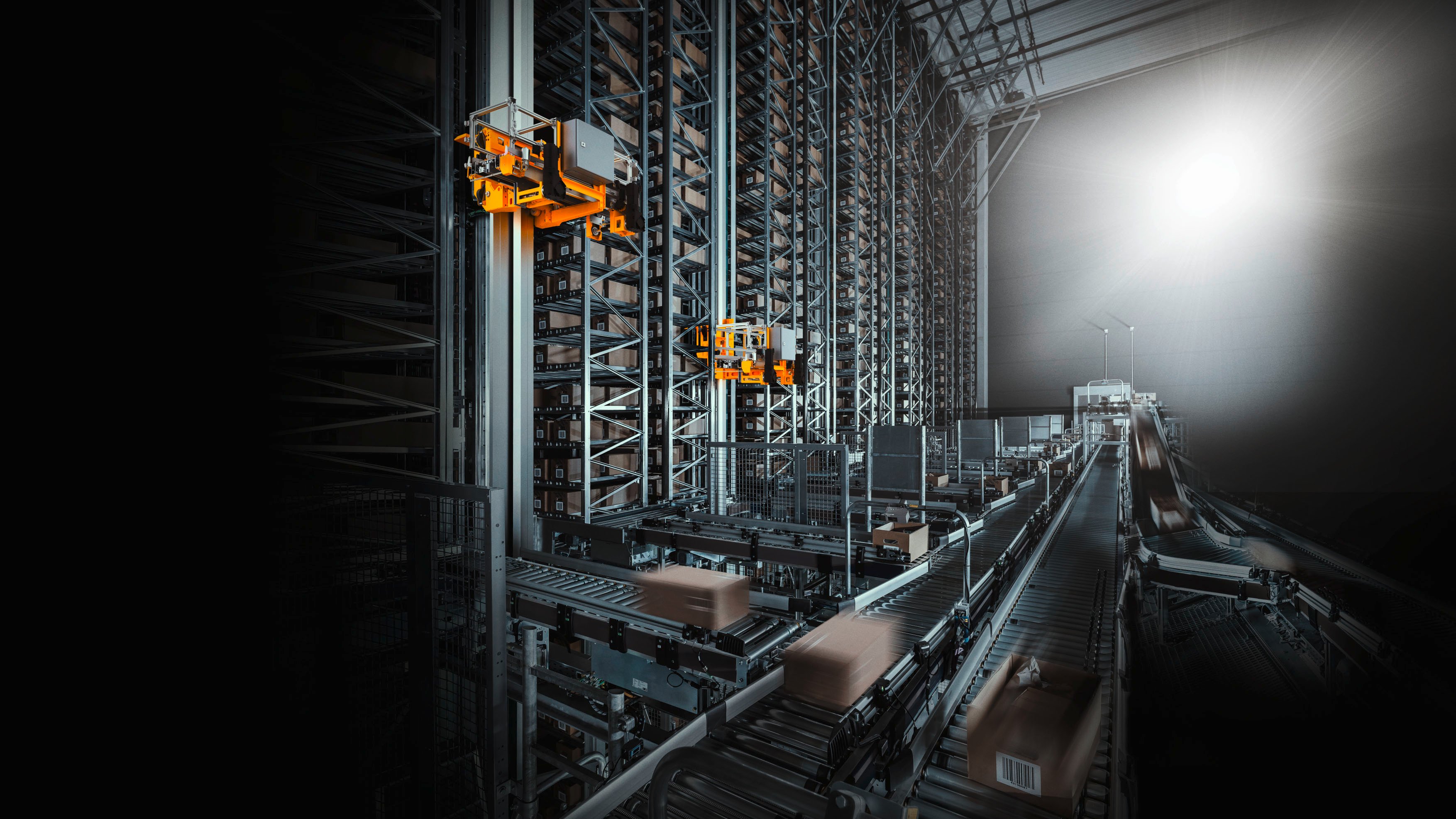 Robot hands sort goods packages with high shelves.